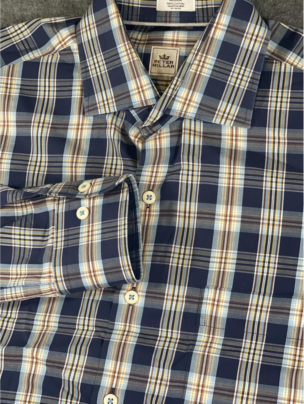 Peter Millar Men's Blue and Brown Plaid Long Sleeve Button Up Shirt Size Medium